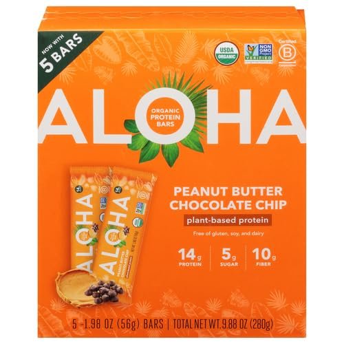 ALOHA Organic Plant Based Protein Bars, Peanut Butter Chocolate Chip, 1.98-Ounce Bars, (Pack of 5)