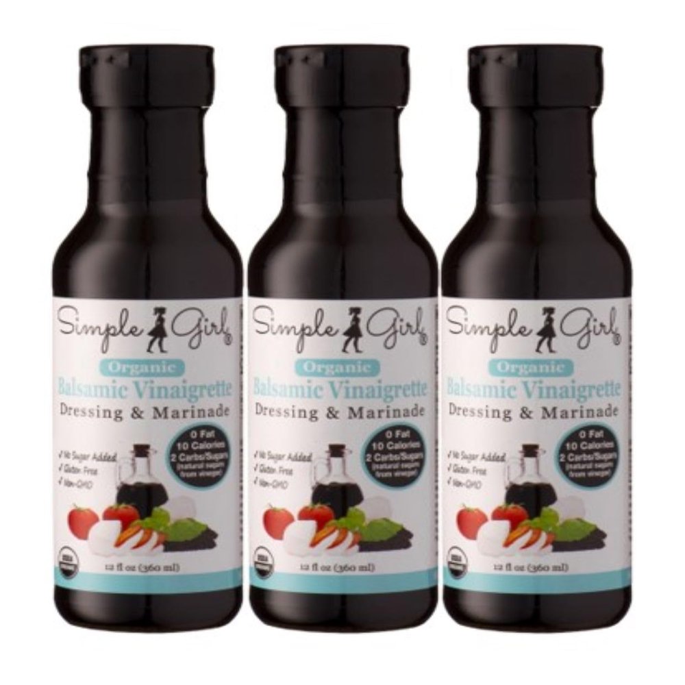 Simple Girl Organic Balsamic Vinaigrette - 12 oz each - 3 Pack - Low Sugar Salad Dressing and Marinade -Certified Organic - Gluten Free - Vegan - Low Calorie - Fat Free - NO MSG - Diet Friendly