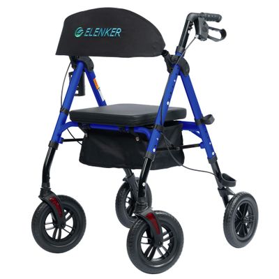 ELENKER All-Terrain Rollator Walker with 10 Non-Pneumatic Wheels, Sponge Padded Seat and Backrest, Fully Adjustment Frame for Seniors, Blue