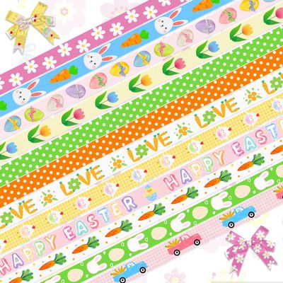 ALIBBON 12 Yards 3/8" Easter Ribbon Colorful Ribbons for Spring Easter Decor, Easter Bunny Egg Flower Chick Truck Grosgrain Ribbon for Easter Egg Hunt Easter Gift Wrapping Bows Crafting Supplies