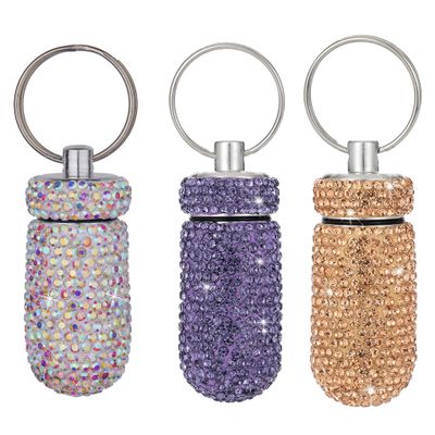 3PCS Bling Crystal Rhinestone Portable Pill Case Pill Container Waterproof Pill Holder with Keychain Glitter Travel Pill Box Small Medicine Dispenser Bottle Storage for Outdoor Camping Travel,21