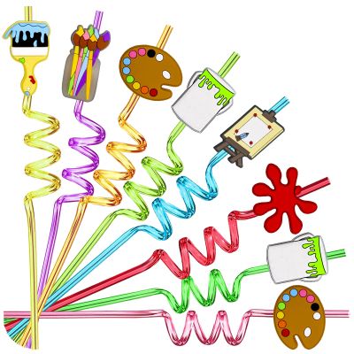 24pcs Art Painting Curly Straws for Cocktail Drink and Brushes Pad Paint Birthday Party Supplies Decorations Welcome Back to School Art Painting Party Favors with 2 Cleaning Brushes 8 Colors Straws