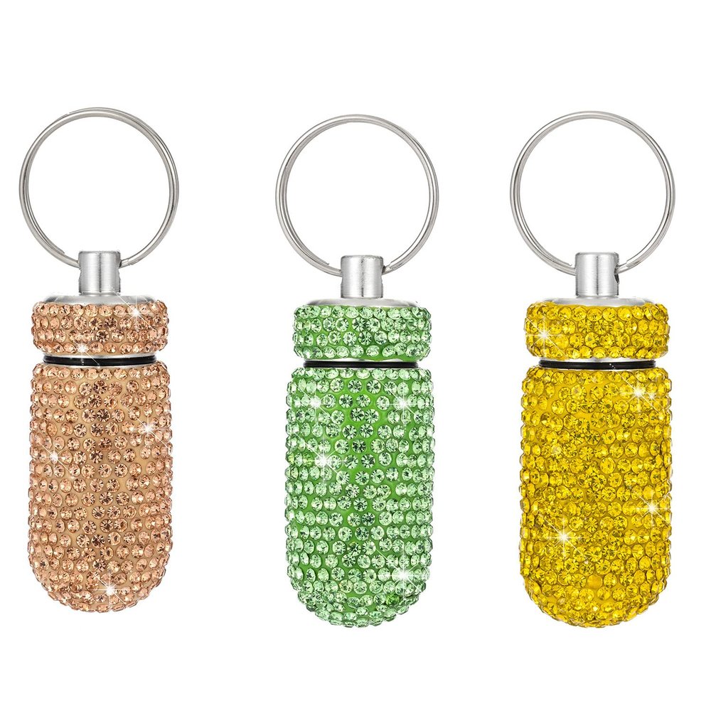 3PCS Bling Crystal Rhinestone Portable Pill Case Pill Container Waterproof Pill Holder with Keychain Glitter Travel Pill Box Small Medicine Dispenser Bottle Storage for Outdoor Camping Travel,14