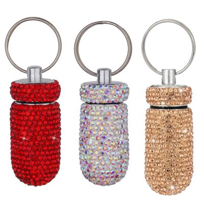 3PCS Bling Crystal Rhinestone Portable Pill Case Pill Container Waterproof Pill Holder with Keychain Glitter Travel Pill Box Small Medicine Dispenser Bottle Storage for Outdoor Camping Travel,20