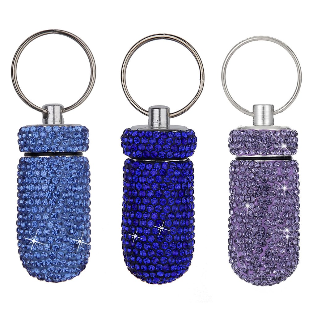 3PCS Bling Crystal Rhinestone Portable Pill Case Pill Container Waterproof Pill Holder with Keychain Glitter Travel Pill Box Small Medicine Dispenser Bottle Storage for Outdoor Camping Travel,13