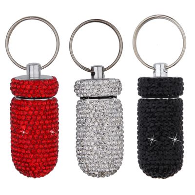 3PCS Bling Crystal Rhinestone Portable Pill Case Pill Container Waterproof Pill Holder with Keychain Glitter Travel Pill Box Small Medicine Dispenser Bottle Storage for Outdoor Camping Travel,15