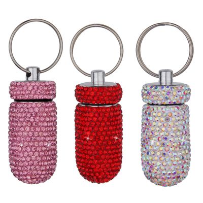 3PCS Bling Crystal Rhinestone Portable Pill Case Pill Container Waterproof Pill Holder with Keychain Glitter Travel Pill Box Small Medicine Dispenser Bottle Storage for Outdoor Camping Travel,11