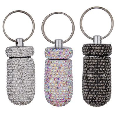 3PCS Bling Crystal Rhinestone Portable Pill Case Pill Container Waterproof Pill Holder with Keychain Glitter Travel Pill Box Small Medicine Dispenser Bottle Storage for Outdoor Camping Travel,12