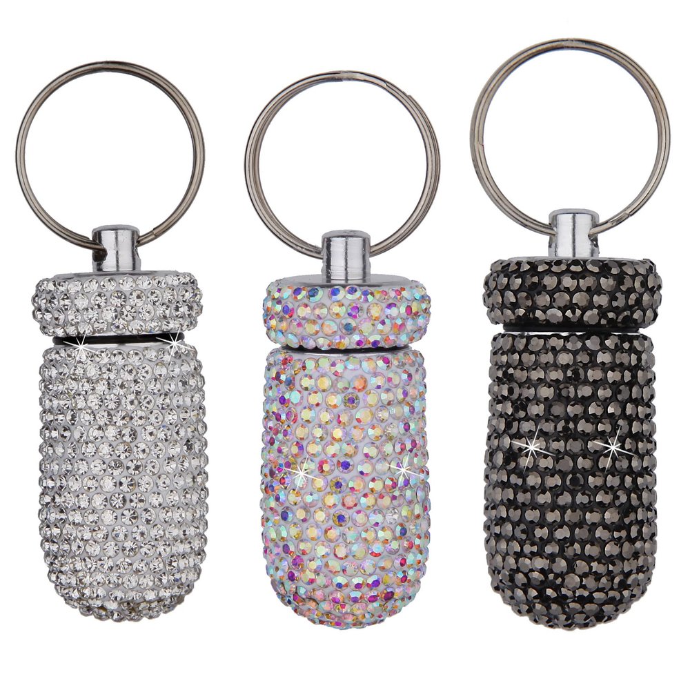 3PCS Bling Crystal Rhinestone Portable Pill Case Pill Container Waterproof Pill Holder with Keychain Glitter Travel Pill Box Small Medicine Dispenser Bottle Storage for Outdoor Camping Travel,12
