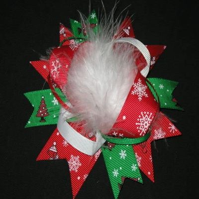 "CHRISTMAS POOF" Fur Hairbow Alligator Clips Girls Holiday Party Ribbon Bows
