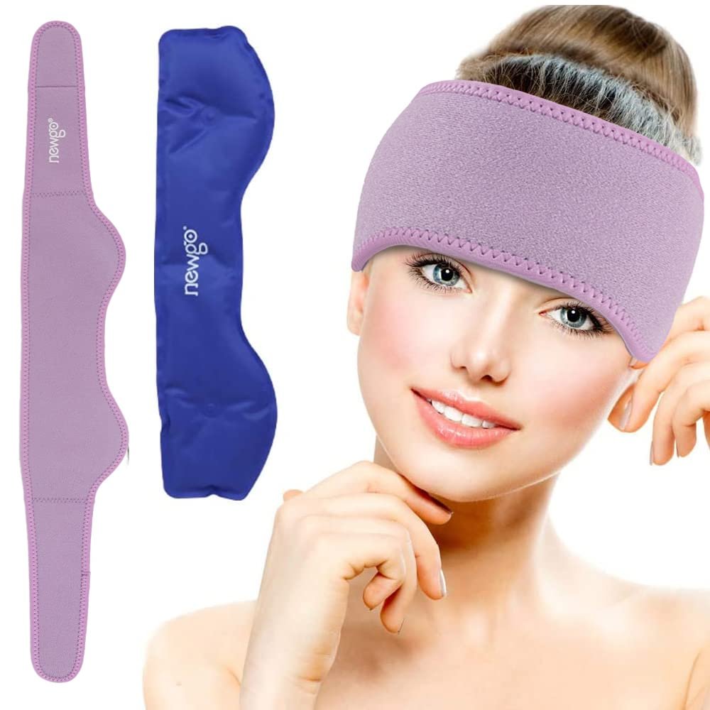 NEWGO Headache Ice Pack Head Wrap for Migraines, Cold Pack Head Ice Therapy Wrap for Headache Relief, Tension, Sinus Pain, Chemo, Head Injuries (Purple) 29.5" x 4.3"