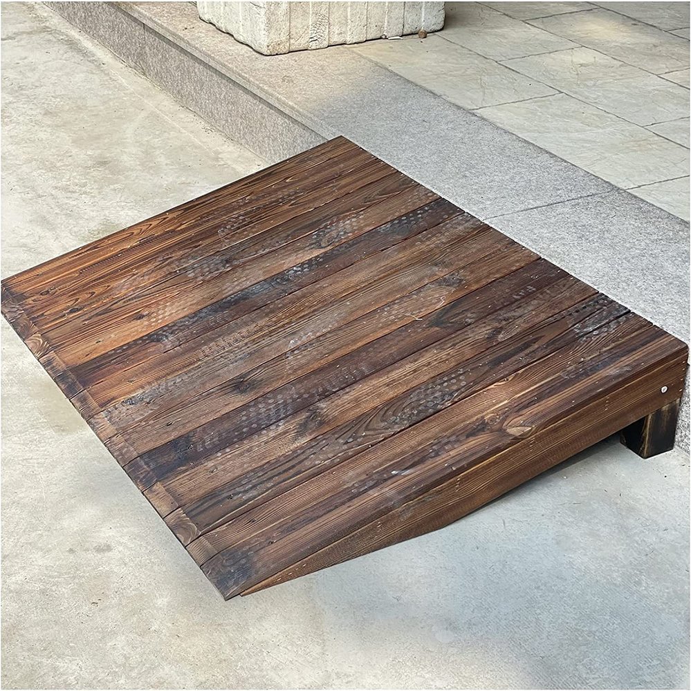 DFONCE Non-Slip Threshold Transitions Ramp, Brown Wood Curb Ramps for Scooter Motorcycle Wheelchair (Size : 90x18x70cm/35x7x27.5in)