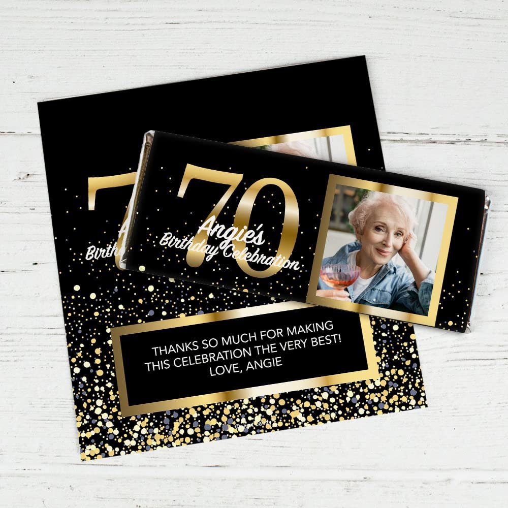 25ct Personalized 70th Birthday Candy Bar Wrappers with Photo DIY Party Favors (25 Wrappers) - Candy Not Included