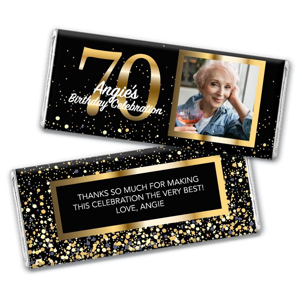 12ct Personalized 70th Birthday Candy Party Favors with Photo Chocolate Bars & Wrappers Gifts for Guests (12 Pack) - No Assembly Required