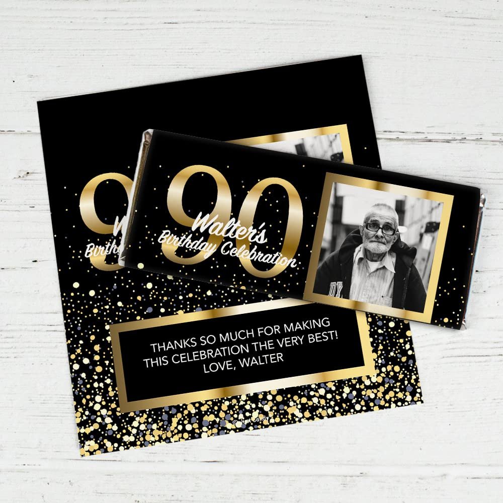 25ct Personalized 90th Birthday Candy Bar Wrappers with Photo DIY Party Favors (25 Wrappers) - Candy Not Included