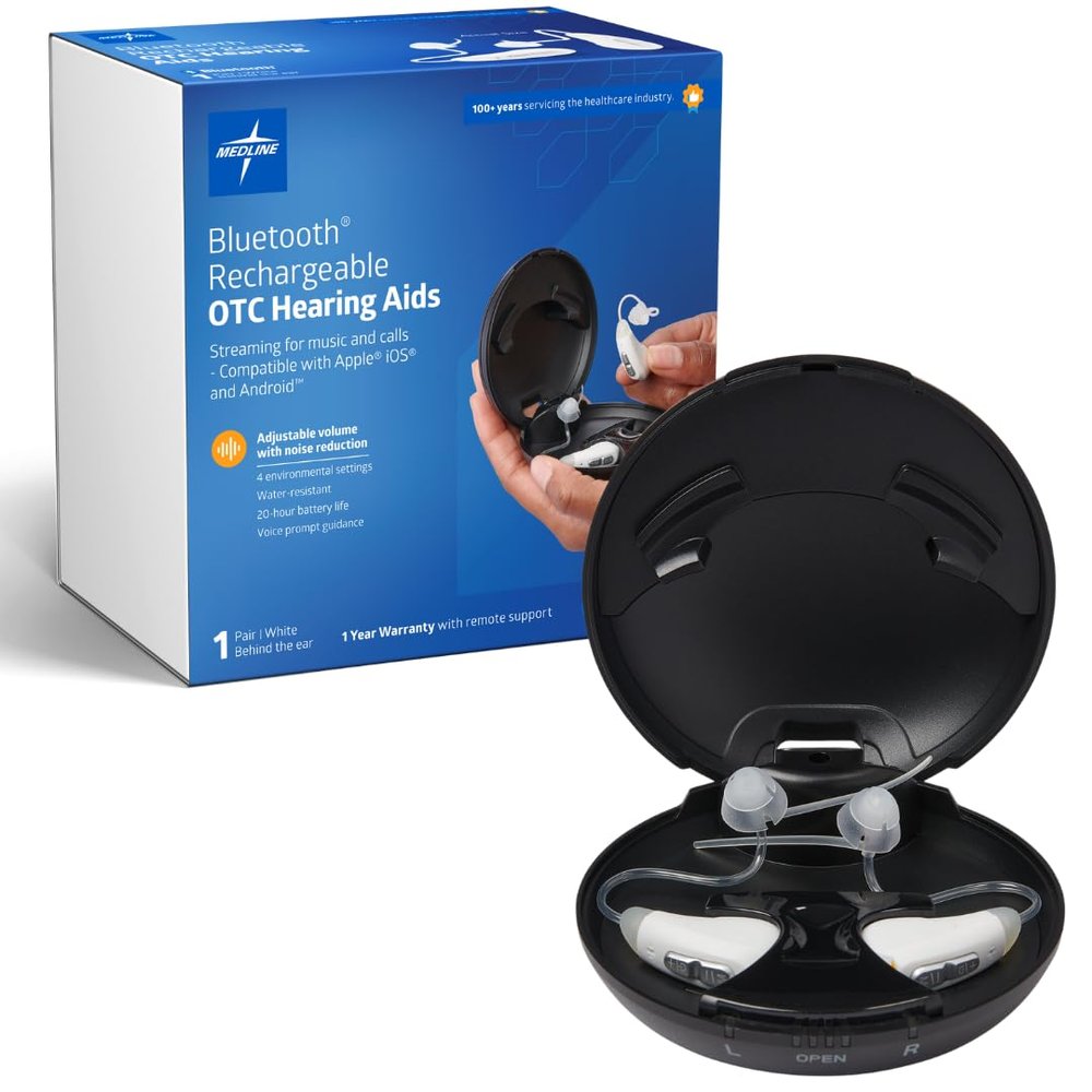 Medline Bluetooth Rechargeable OTC Hearing Aids, White, Behind-The-Ear, FDA Approved, 4 Environmental Settings, Water Resistant, Adjustable Volume, Mild to Moderate Hearing Loss, Noise Reduction