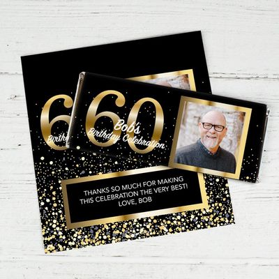 25ct Personalized 60th Birthday Candy Bar Wrappers with Photo DIY Party Favors (25 Wrappers) - Candy Not Included