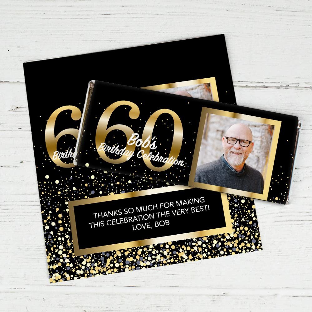 25ct Personalized 60th Birthday Candy Bar Wrappers with Photo DIY Party Favors (25 Wrappers) - Candy Not Included