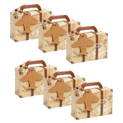 Bakbania Mini Suitcase Candy Box 50 Pieces World Map Paper Boxes Party Favor Boxes Vintage Kraft Paper with Tags and Burlap Twine for Wedding Travel Themed Party