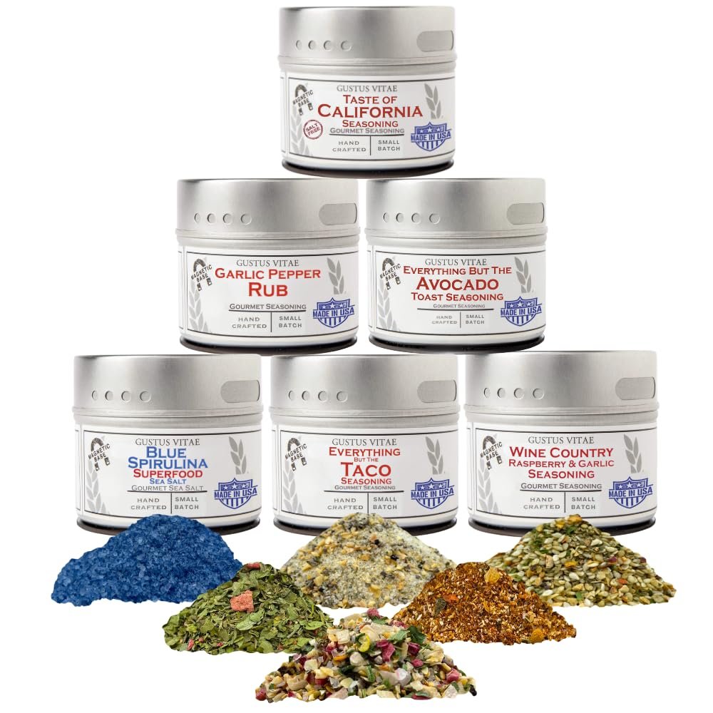 Californian Seasonings Gourmet Gift Set | Tastes of California | Artisanal Spice Blends Six Pack | Non GMO, All Natural | No MSG, Gluten, Soy, Nuts | Small Batch, Hand Made Seasonings | No Artificial Ingredients, Ultra Premium Spice Mixes | Made in U