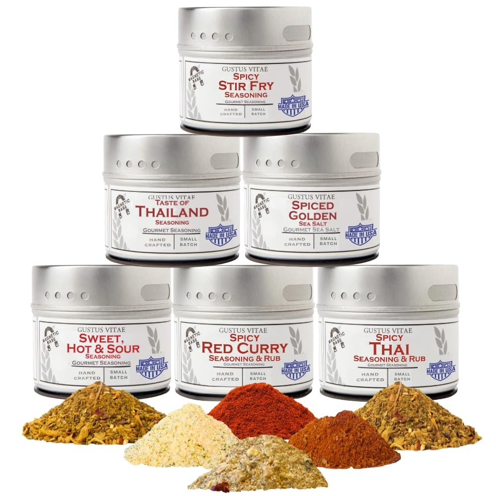 Thai Seasonings Gourmet Gift Set | Tastes of Thailand | Artisanal Spice Blends Six Pack | Non GMO, All Natural | No MSG, Gluten, Soy, Nuts | Small Batch, Hand Made Seasonings | No Artificial Ingredients, Ultra Premium Spice Mixes | Made in USA | GLP-