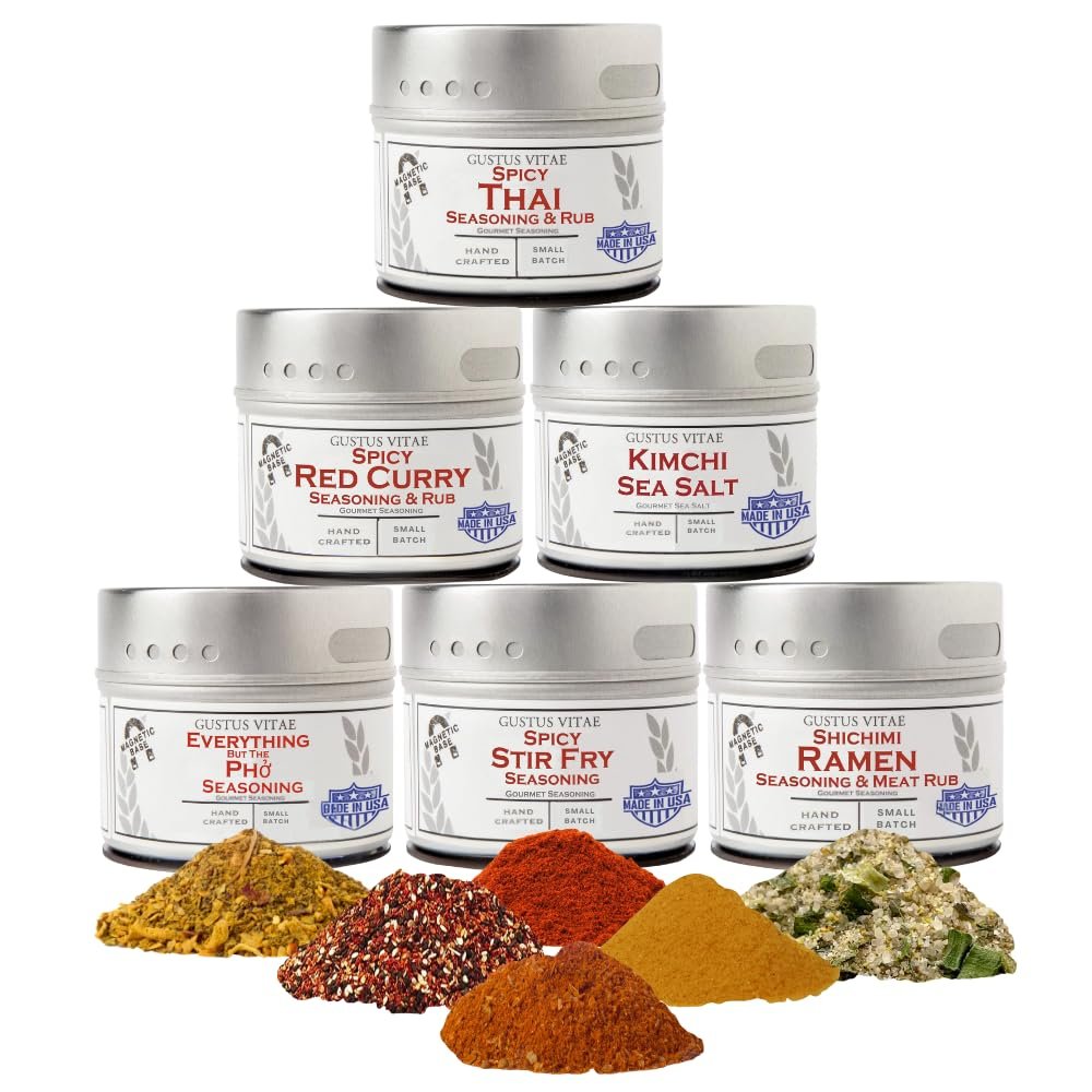 Asian Seasonings Gourmet Gift Set | Tastes of Asia | Artisanal Spice Blends Six Pack | Non GMO, All Natural | No MSG, Gluten, Soy, Nuts | Small Batch, Hand Made Seasonings | No Artificial Ingredients, Ultra Premium Spice Mixes | Made in USA | GLP-1 F
