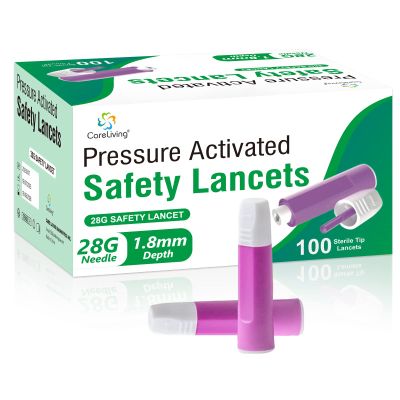 CARELIVING Safety Lancets, 100 Count Sterile, Pressure Activated Activation, 28 Gauge Needle, 1.8 mm,Single-Use, Gentle for Comfortable Testing