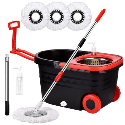 Spin Mop and Bucket with Wringer Set on Wheels, 360 Spinning Mop with Stainless Steel Handle for All Hard Surfaces, Floor Cleaning System with 3 Microfiber Replacement Heads, Black/Red