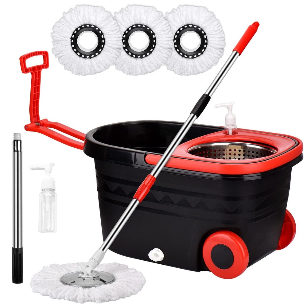 Spin Mop and Bucket with Wringer Set on Wheels, 360 Spinning Mop with Stainless Steel Handle for All Hard Surfaces, Floor Cleaning System with 3 Microfiber Replacement Heads, Black/Red