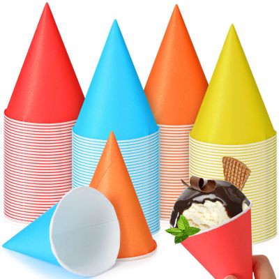 Eaasty 100 Pcs Snow Cone Cups 4.5 oz Disposable Paper Cone Cups Colored Polka Dot Leakproof Snow Cones for Slush Shaved Ice Cream Sorbet Water Wedding Party (Colorful)