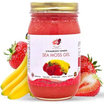 Healthy Herbs Sea Moss Gel (Sweet Strawberry Banana) Wildcrafted from Jamaican St Lucia Gold Seamoss | Wild-Harvested Superfood Rich In Essential Vitamins & Minerals | Vegan, Non-GMO, US-Made (16 oz.)