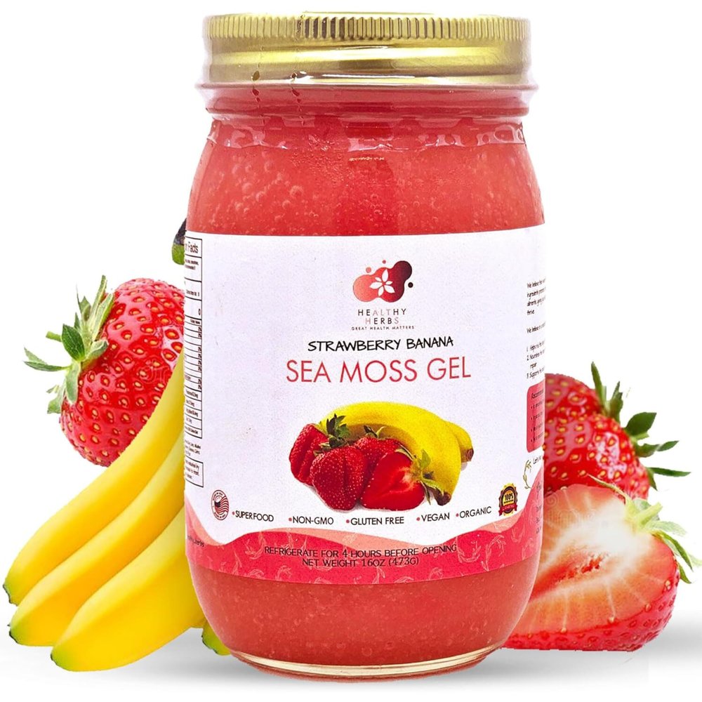 Healthy Herbs Sea Moss Gel (Sweet Strawberry Banana) Wildcrafted from Jamaican St Lucia Gold Seamoss | Wild-Harvested Superfood Rich In Essential Vitamins & Minerals | Vegan, Non-GMO, US-Made (16 oz.)