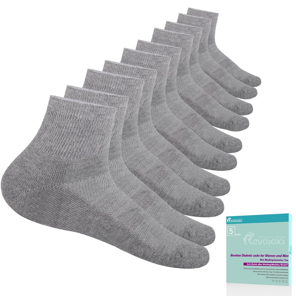 Revosoxs Diabetic Socks for Women Men,5 Pairs Non Binding Diabetic Ankle Socks,Wide Stretchy Loose Seamless Socks 7-9 9-11(Grey-Large)