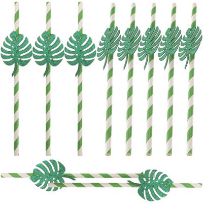 CALLARON 10pcs Monstera Glitter Paper Straws Disposable Decorative Drinking Straws for Weddings Birthdays and Celebrations Lightweight and Party Supplies