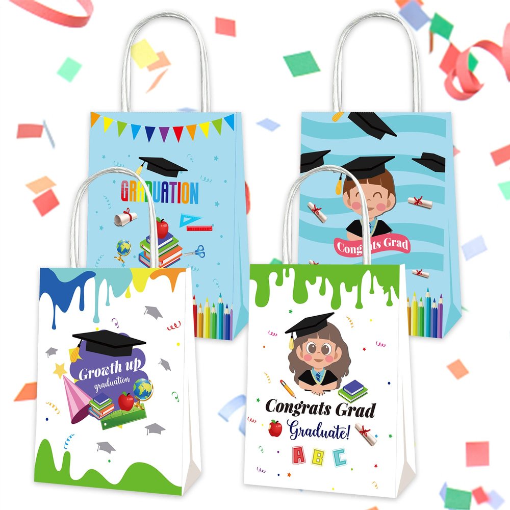 Hying 12PCS Kindergarten Graduation Gift Bags 2023 for Preschool Party Favors Gift Wrapping, Blue White Graduation Gift Paper Bags Preschool with Handles for Congratulation Party Kids Decoration Kraft