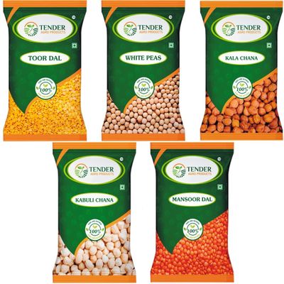 TENDER AGRO PRODUCTS Hygienically Processed Natural Toor Dal, White Peas, Kala Chana, Kabuli Chana and Mansoor Dal Combo with Protein and Iron Rich, No Added Preservatives (5 Kg Combo) 11.02 Lbs Combo Pack