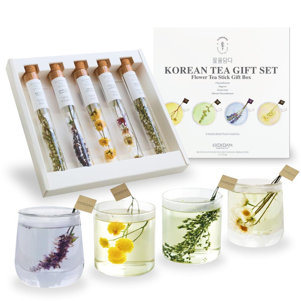 KKOKDAM Fancy Korean Tea Gift Set  Premium Flower Tea Stick Variety Pack - 5 Loose Leaf Blooming Flower Teas