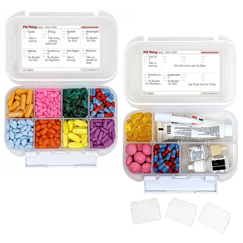 8 Compartment Large Pill Case with Airtight Seal, Adjustable Dividers, Silicone Gasket Waterproof Med Box with Medication Map (Clear - 2 Pack)