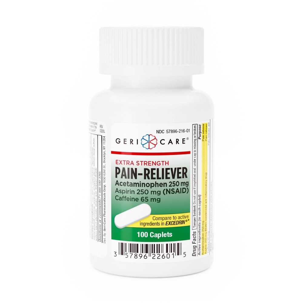 GeriCare Pain Reliever Extra Strength Caplets  100 Count  Acetaminophen 250mg, Aspirin 250mg (NSAID), Caffeine 65mg  Powerful Triple-Action Formula for Headaches, Migraines & Minor Aches