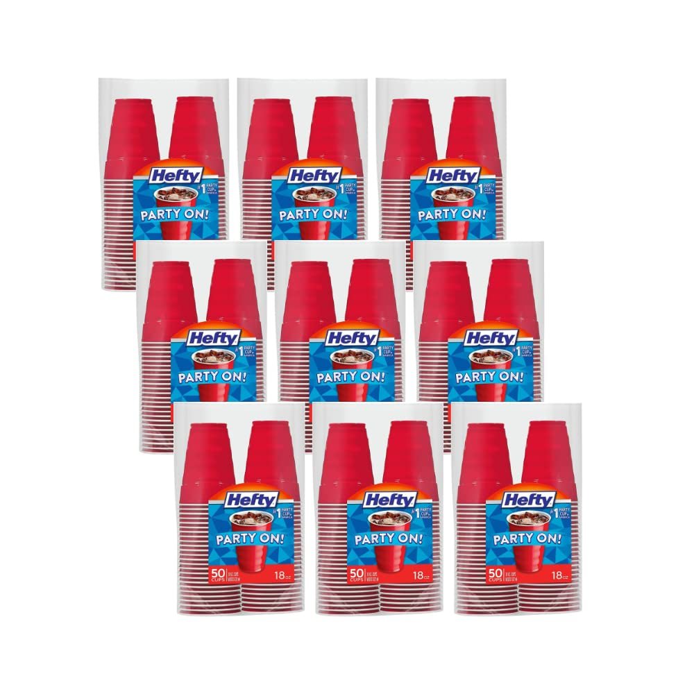 Hefty Easy Grip Disposable Plastic Cold Cups, Red, 18 Ounce, 50 Count (Pack of 9)