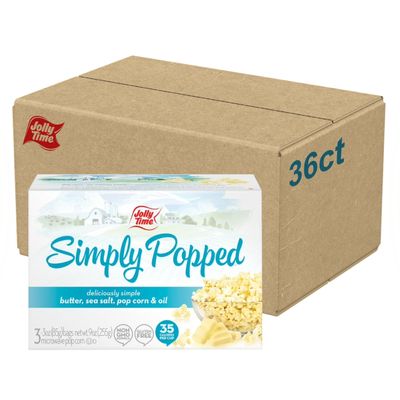 Jolly Time Simply Popped - Lightly Salted Microwave Popcorn, 3oz Sharing Bag, 3 Bags Per Carton (Simply Popped Butter, 3 Ounce (Pack of 36))
