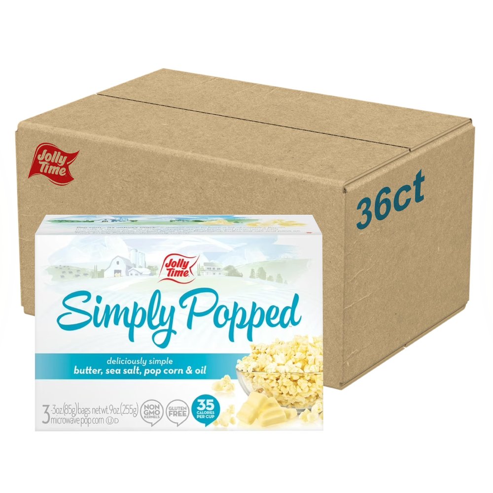 Jolly Time Simply Popped - Lightly Salted Microwave Popcorn, 3oz Sharing Bag, 3 Bags Per Carton (Simply Popped Butter, 3 Ounce (Pack of 36))