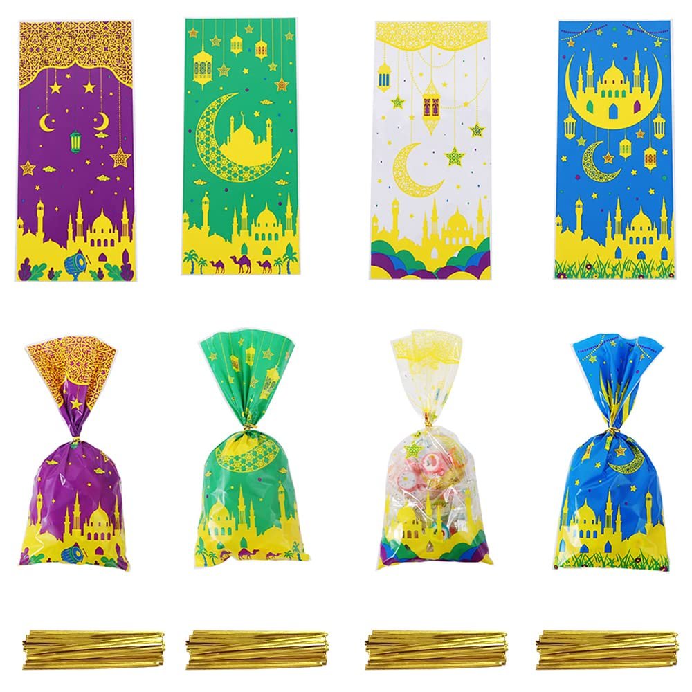 100 PCS Eid Mubarak Cellophane Treat Bags, Ramadan Kareem Cellophane Treat Favor Bags Eid Moon Clear Cookie Candy Bags Gift Cellophane Bags with Twist Ties for Eid Mubarak Party Supplies, 4 Style