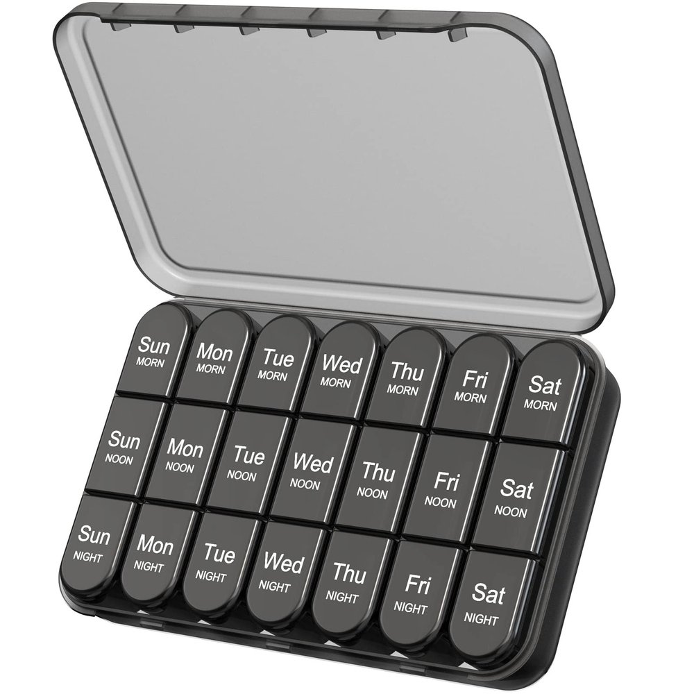 Daviky Pill Organizer 3X a Day, Weekly Pill Box 7 Day, Travel Pill Case with Large Containers, Light-Proof Pill Case for Vitamins, Medication, Supplements and Fish Oils (Black)