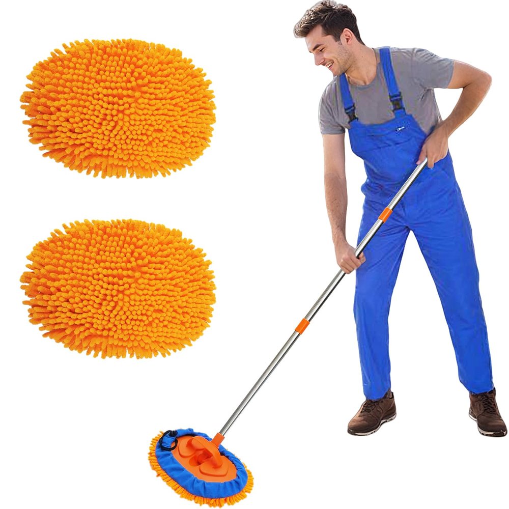 52" Multipurpose Microfiber Duster with 2 Washable Chenille Microfiber Cloth Head, Baseboard Cleaner, Wall Duster, Car Duster, Cleaning Supplies for Walls, Ceilings, Floors, Car, Furniture