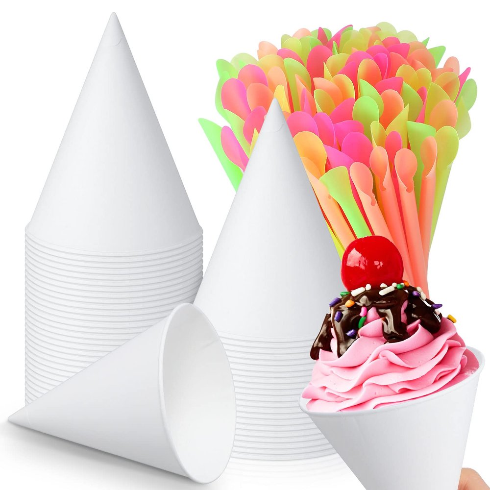 Eaasty 100 Pcs Snow Cone and Straws Cone Cups 4.5 oz Spoon Straws Disposable Paper Cups Straw Spoon for Slush Shaved Ice Cream Sorbet Water (White)