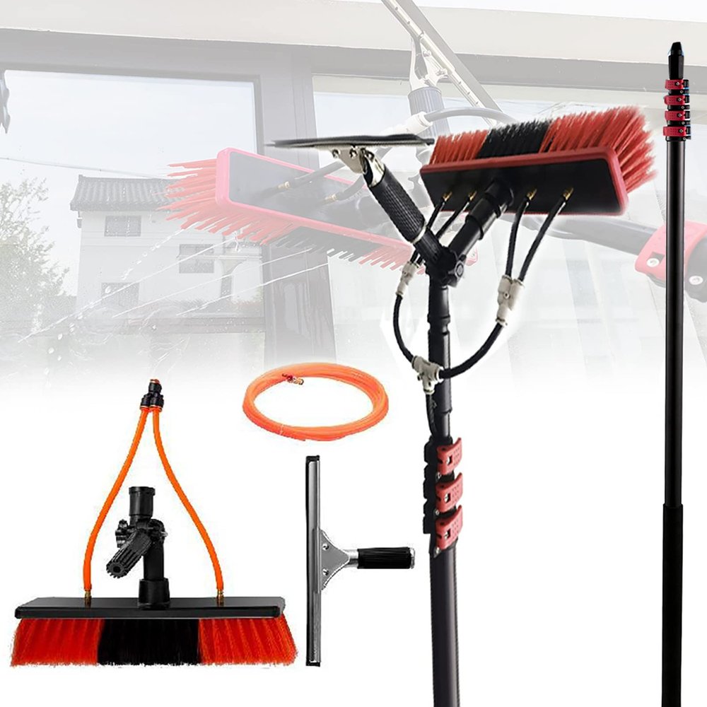 39 FT Water Fed Pole Kit,Length Water Fed Brush,20m Water Pipe Cleaning System,Outdoor Window Cleaner Window Cleaning Tool,for Caravan Solar Panel Deck,35CM Brush Head,Adjustable Long Pole,24FT/7.2M