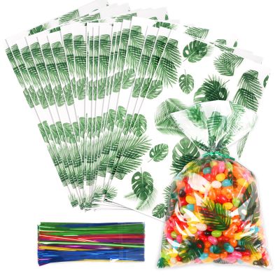 LEOSINDA 100 Pcs Clear Cellophane Treat Bags, 6 X10 Inches Hawaiian Palm Leaf Cellophane Cookie Bags for Gift Wrapping,Packaging Candies,Dessert,Bakery, Candy, Chocolate,Party Decorations