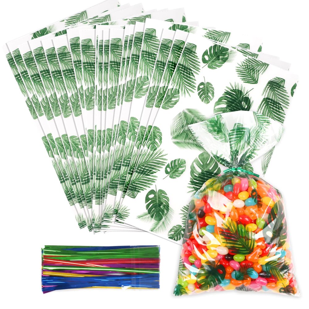 LEOSINDA 100 Pcs Clear Cellophane Treat Bags, 6 X10 Inches Hawaiian Palm Leaf Cellophane Cookie Bags for Gift Wrapping,Packaging Candies,Dessert,Bakery, Candy, Chocolate,Party Decorations