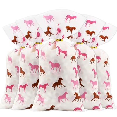 100 Pieces Horse Cellophane Bags Horse Goddie Bags, Pink Brown Pony Horse Racing on Pink Candy Treat Bag with Twist Ties for Cowboy Cowgirl Western Themed Party Derby Birthday Wedding Supplie